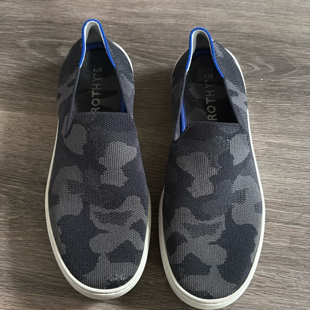 Gray and black camo Rothy’s sneakers.
